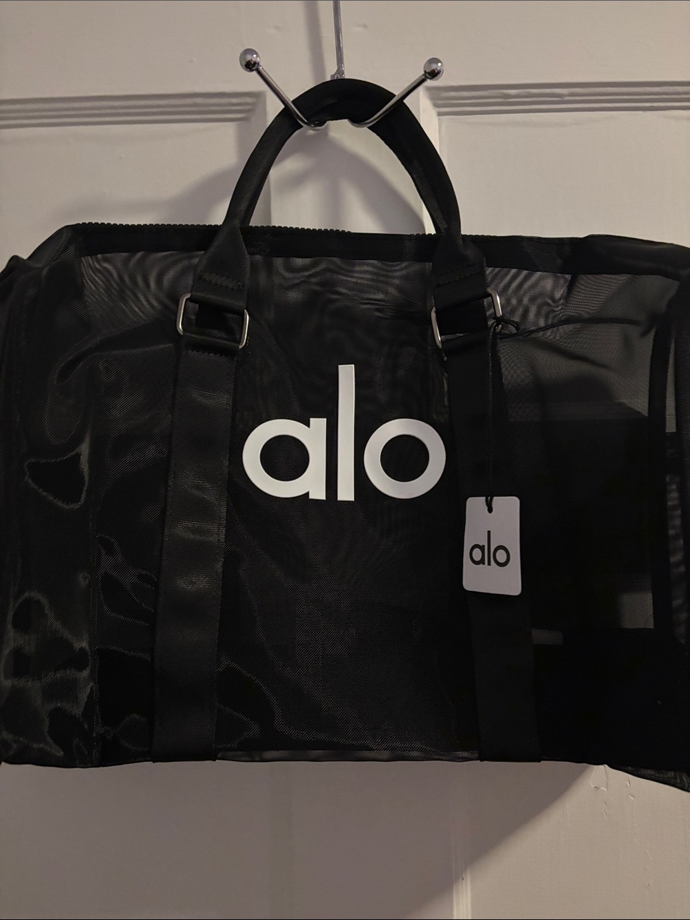 ALO Yoga Black Mesh Duffel with White Logo - Picture 3 of 4